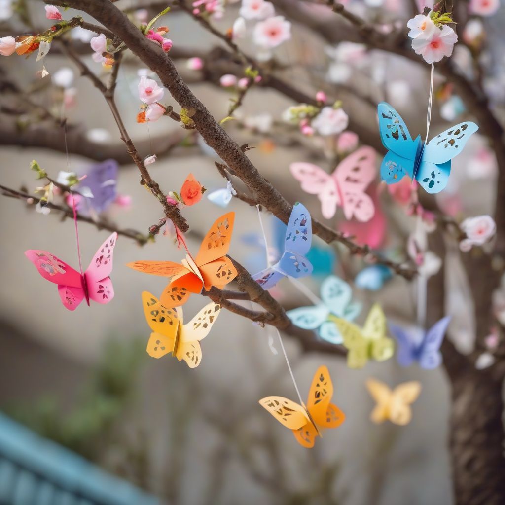 Paper Butterflies Hanging From a Tree