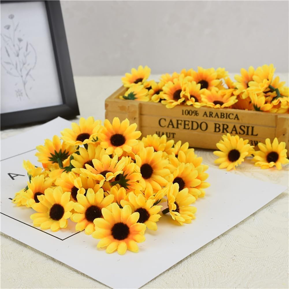 100Pcs Yellow Artificial Flower Heads Mini Fake Sunflower Decorative Fabric Flowers Craft Floral Embellishments for Wreaths Wedding Artificial Flowers Home Décor Products