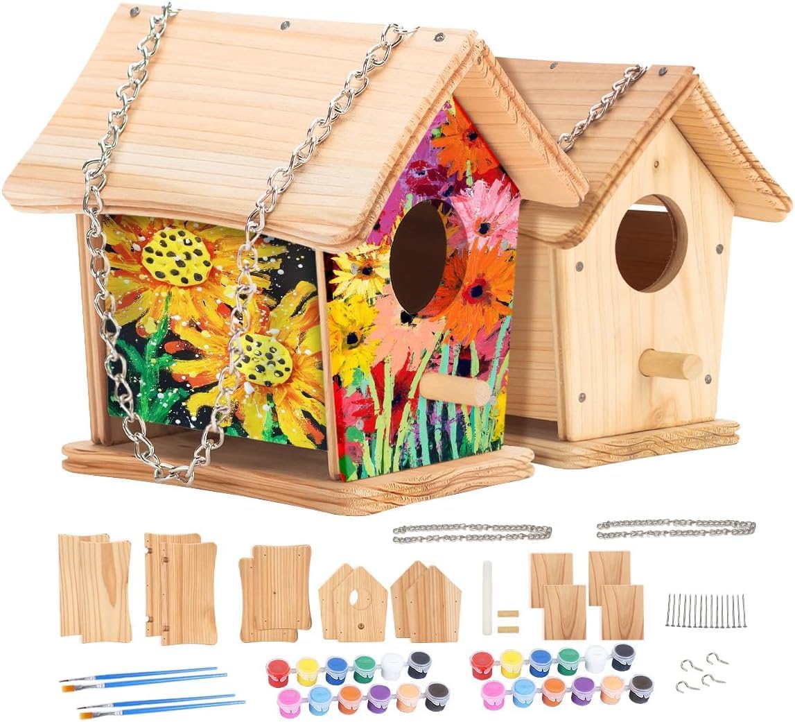 2pc DIY Birdhouse Kit for Kids, Cedar Wood Bird House Kits Bulk for Kids and Adults, Art Craft Outdoor Birdhouse, Solid Wood Weather Proof Material Painting Kit, Chain for Tree Hanging Age 8+