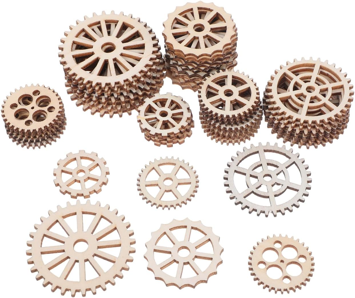 50pcs Wooden Gear Hanging Ornaments for DIY Crafts, Home Decor, Christmas Decorations, Wedding Decor, and More - Assorted Sizes and Patterns, Beige, 1.96 * 1.96 * 0.07inch