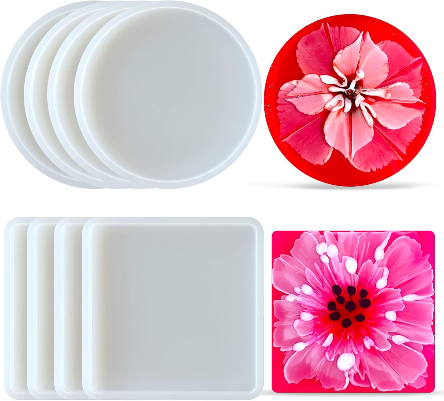 8 Pcs Thickened Resin Coaster Molds - Round Square Silicone Coaster Molds for Epoxy Resin, DIY Crafts, Home Decor, Mother\'s Day Gifts, Christmas Gifts, Home Decor Crafts