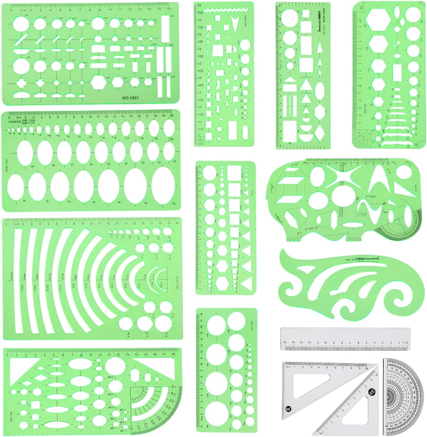 Angrox Geometric Drawings Templates Measuring Geometry Rulers 15 Pcs with 1 Pack File Bag for Design School Studying Office Building…