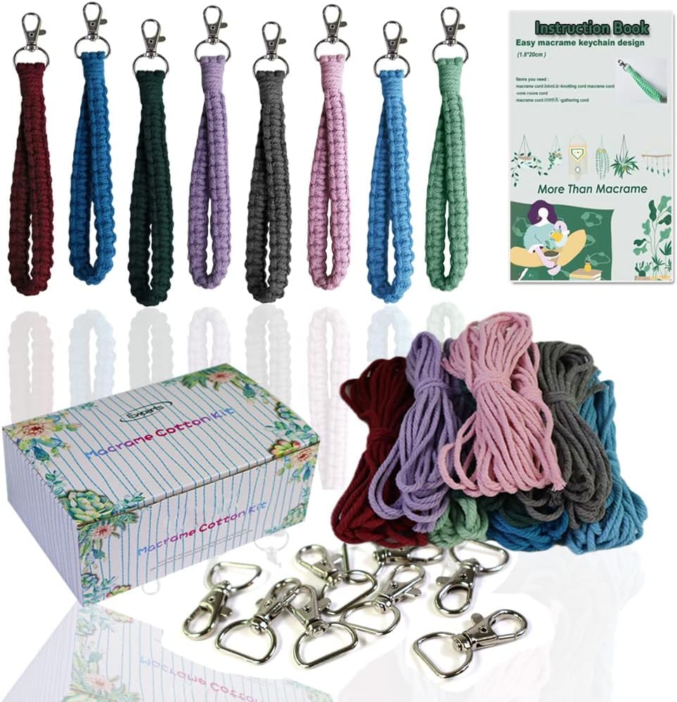 Adult DIY Craft Keychain Making Kit Boho Macrame Keychain Kit Includes Key Rings Precut Macrame Cord Instructions to Make Cute Keychains and Lanyards Kids Crafts Projects Kits Macrame Beginners