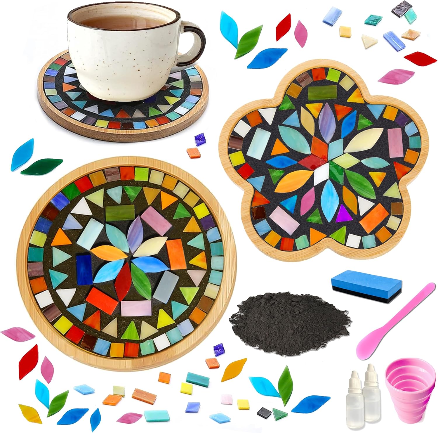 Diy Mosaic Craft Kit For Adults,Stained Glass Kits Mosaics Tiles For Crafts With Large Wooden Coaster Making Materials Package,Mosaic Ceramic Bulk Supplies For Women Kids Beginners Decor Gifts