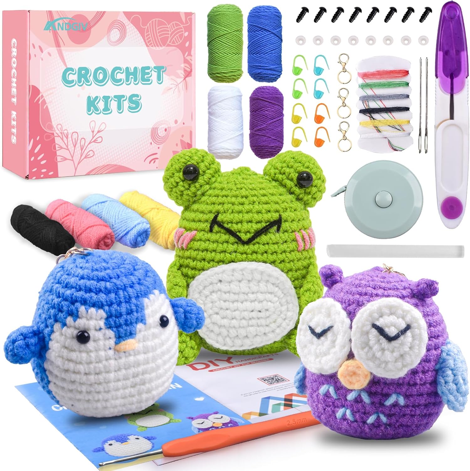 Crochet Kit for Beginners Kids Adults - Amigurumi Crocheting Animal Kits, Beginner Knitting Set DIY Art Craft, 3 Pattern Owl, Penguin, Frog, Easy to Learn Tutorials, Yarns, Hook, for Girls Age 12+
