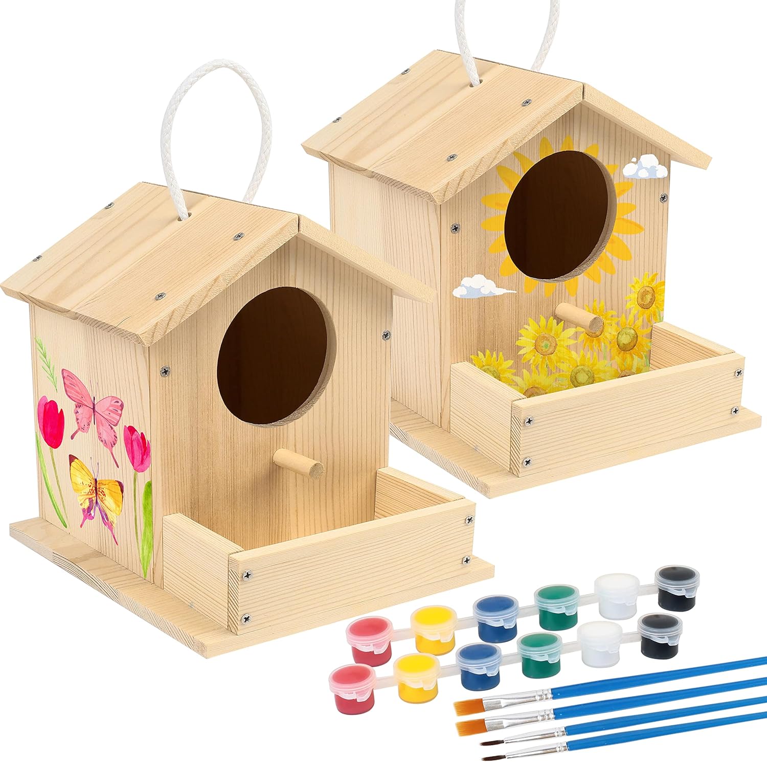 LotFancy Bird House Kit, 2 Pack, DIY Wooden Birdhouse Kits, Arts and Crafts Painting Kit for Kids, Build and Paint, Including Paints & Brushes