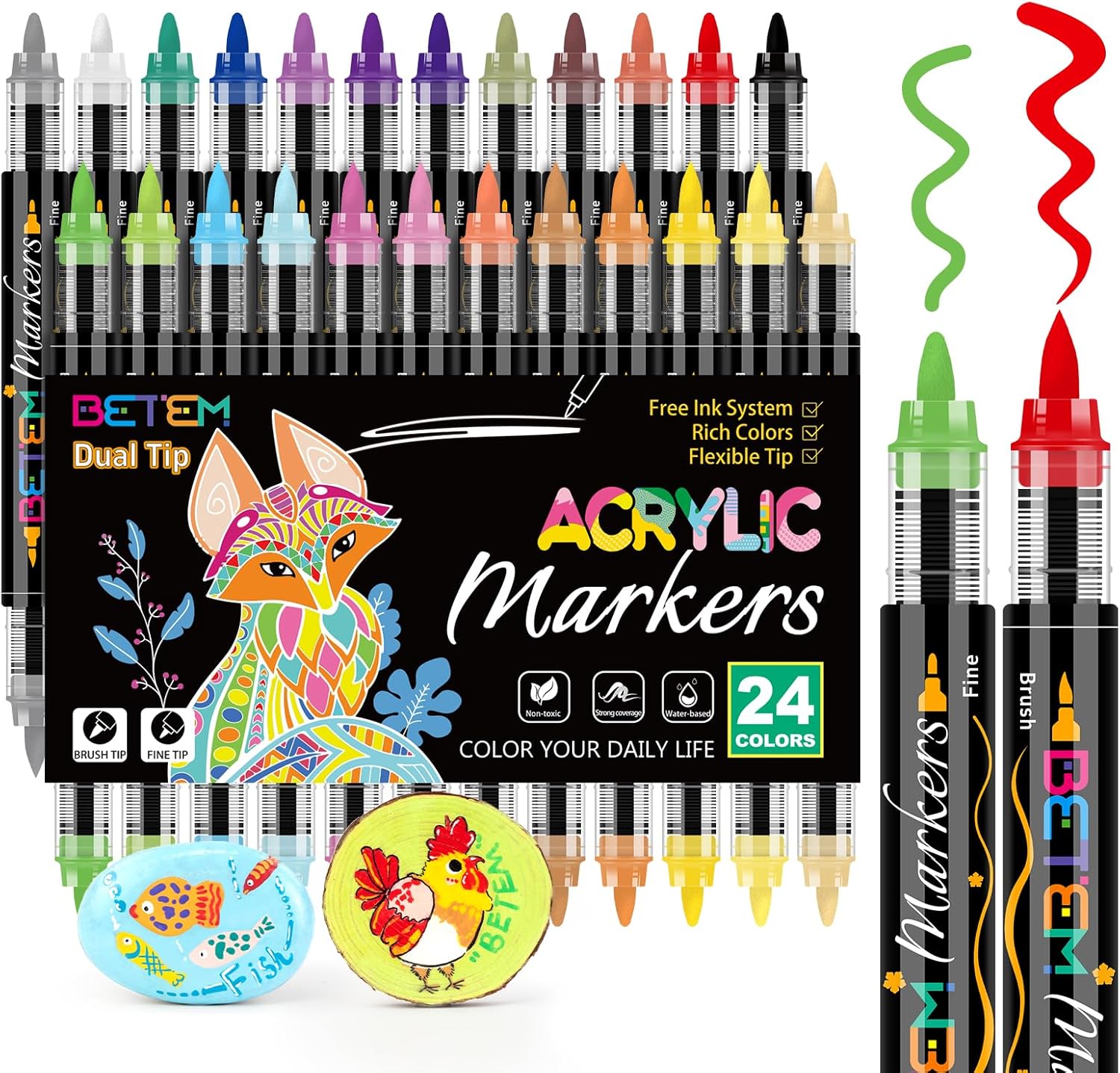 Acrylic Paint Markers Paint Pens, 24 Colors Dual Tip Direct Liquid Acrylic Markers with Automatic Ink Control System, Fine & Brush Tip Art Supplies for Rock Painting, Wood, Stone, Fabrics, DIY Craft