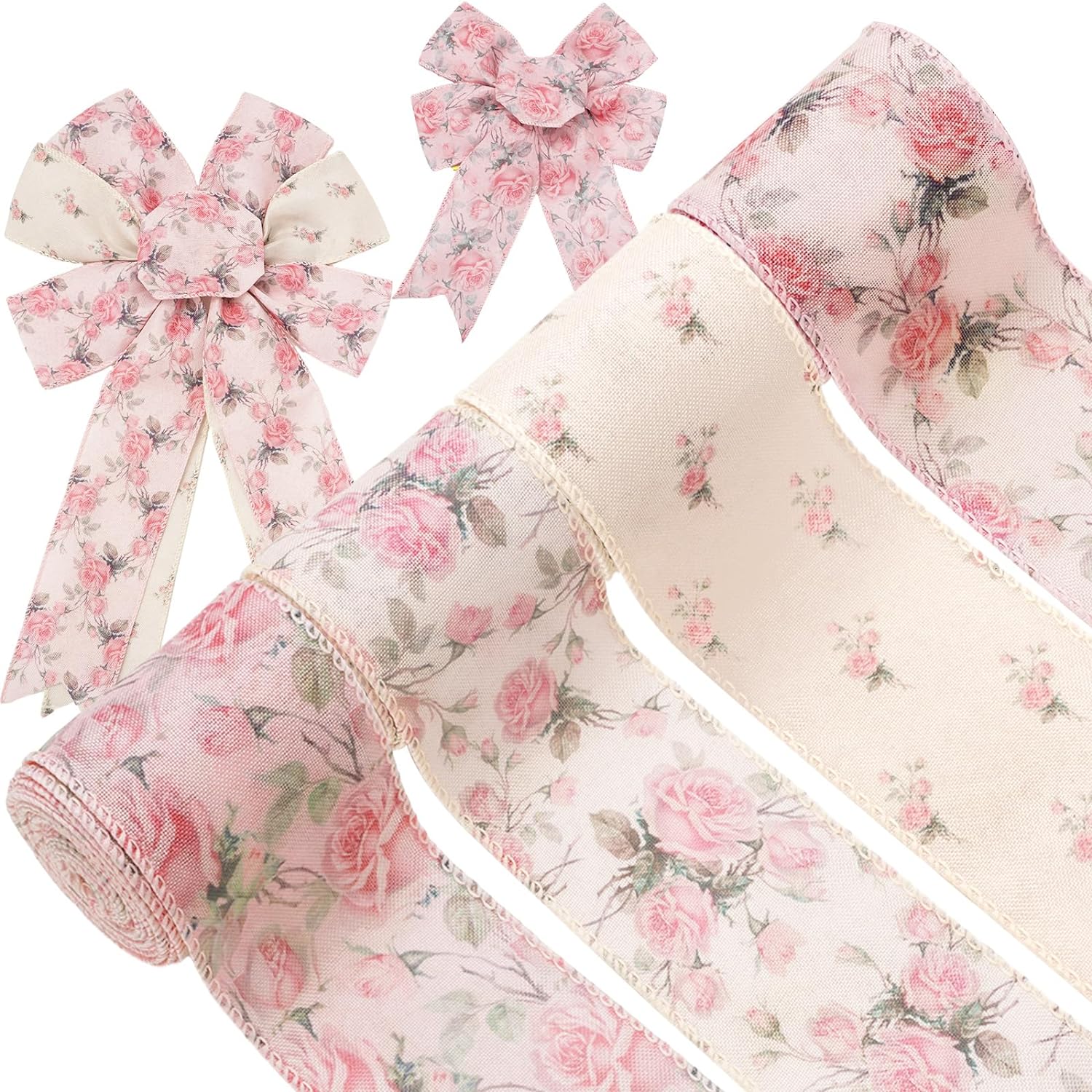 AnyDesign 4 Rolls Pink Floral Wired Ribbon 2.5 Inch Vintage Rose Flower Ribbon for Bow Wreath Craft Gift Wrap Spring Summer Holiday Wedding Birthday Baby Shower Party Home Decor