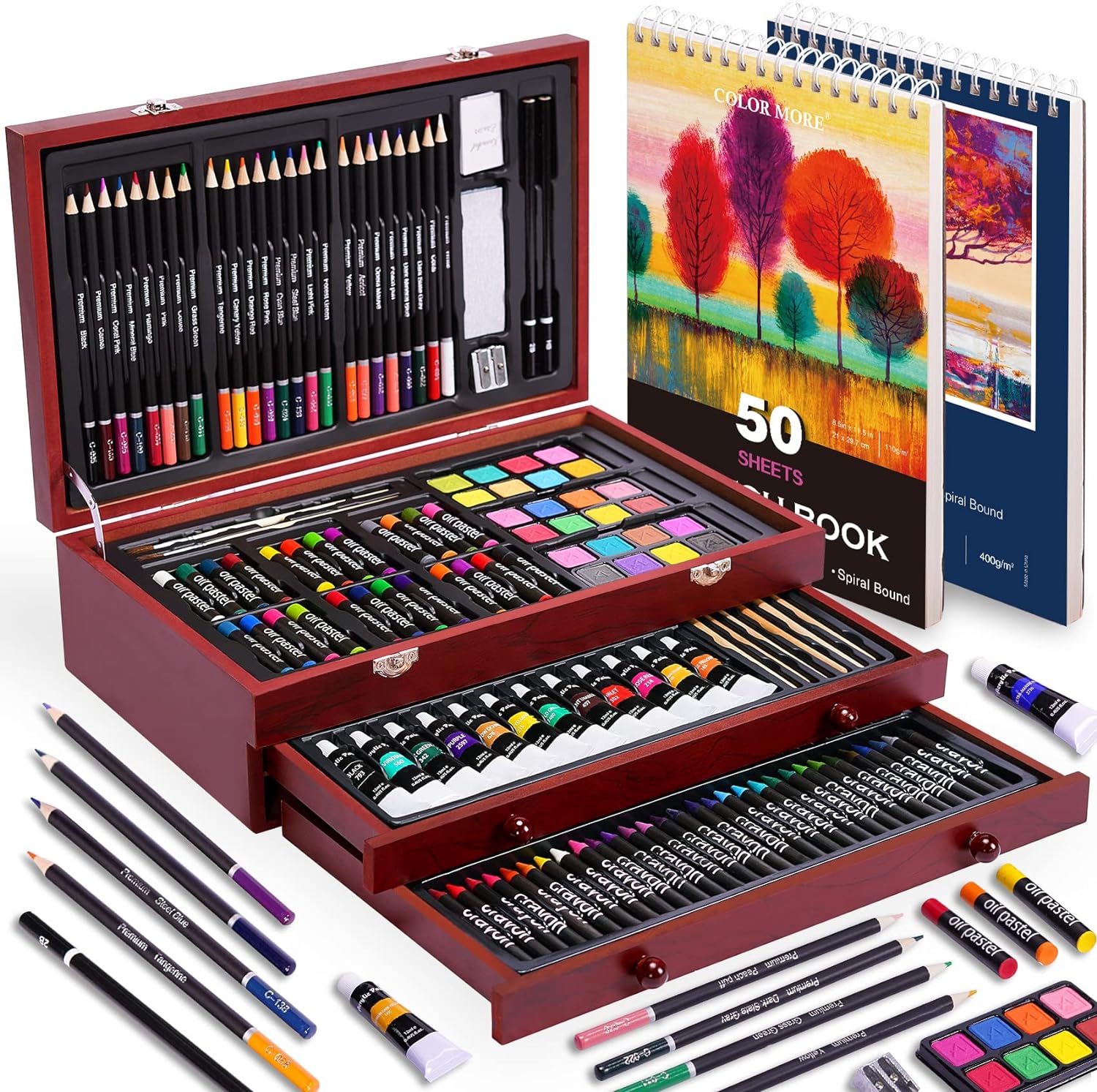 175 Piece Deluxe Art Set with 2 Drawing Pads, Acrylic Paints, Crayons, Colored Pencils, Paint Set in Wooden Case, Professional Art Kit, Art Supplies for Adults, Teens and Artist, WoodMuse Plus
