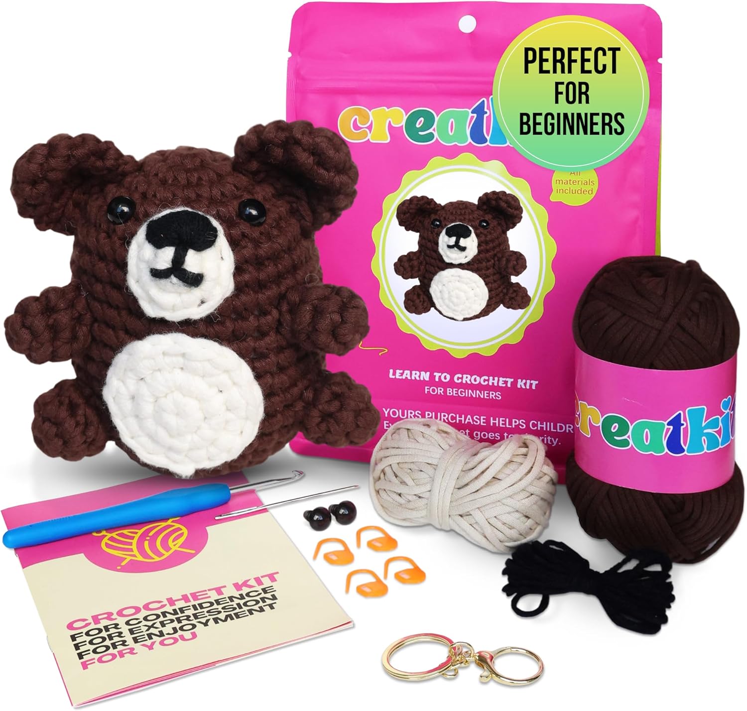 Crochet Kit for Beginners - Bear - with Step-by-Step Video – Easy DIY Craft Kit for Adults & Kids – Learn to Make Cute Animals – Yarn, Hook, Tools Included
