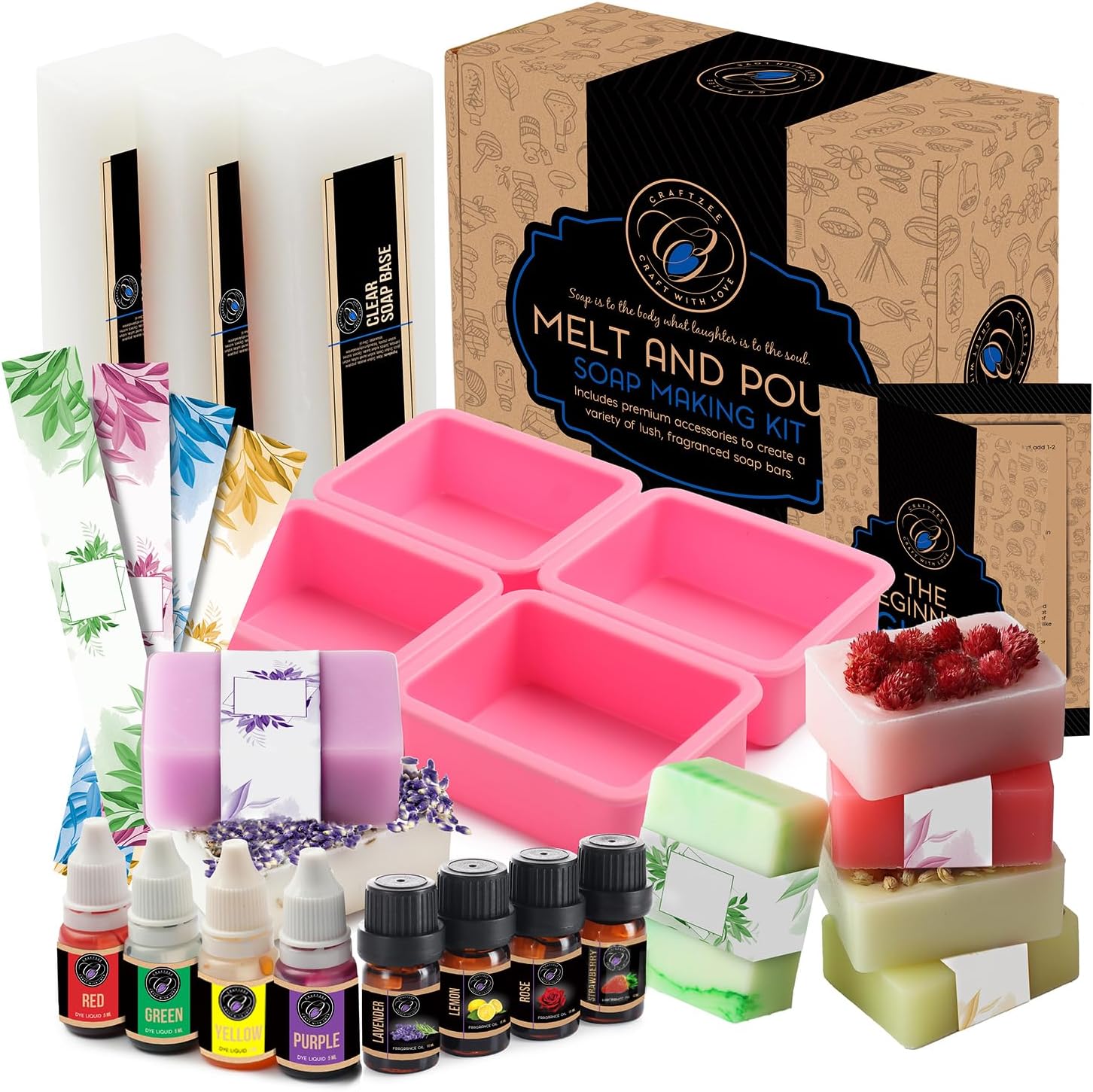 CraftZee Soap Making Kit - Soap Making Supplies with Shea Butter Soap Base, Silicone Loaf Soap Molds, Soap Cutters, Fragrances & More - DIY Homemade Melt & Pour Soap Craft Kits for Adults & Kids