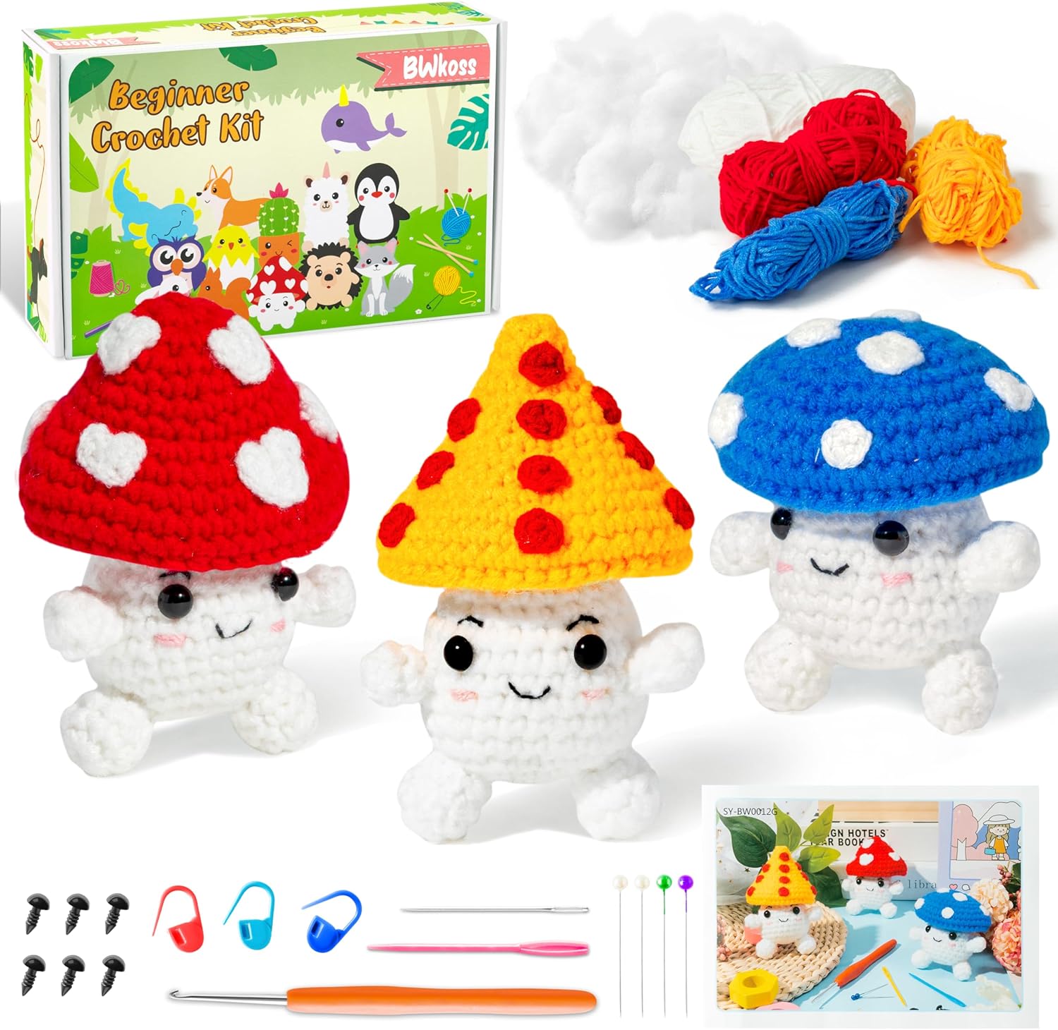 BWkoss Beginner Crochet Kit, Cute Mushroom Crochet Starter Kit for Adults Kids DIY Craft Complete Material Pack with Step-by-Step Instruction and Video Tutorials for Knitting Enthusiast