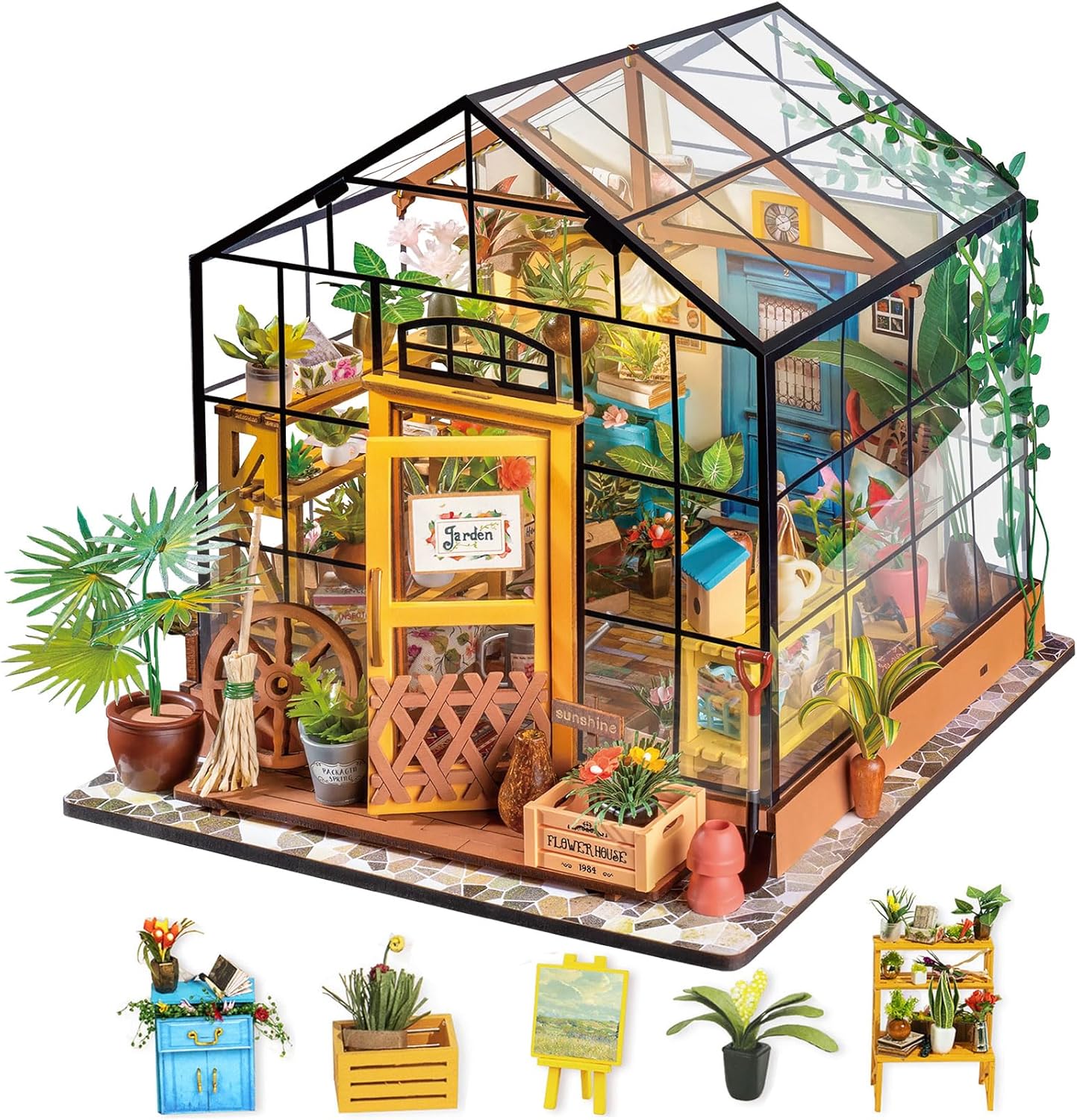 Rolife DIY Miniature House Kit-Mini Diorama 1/18 Greenhouse Dollhouse Building Kit with LED, Crafts for Adults Christmas Birthday Gift for Boys Girls Mom Home Decor (Cathy\'s Flower House)