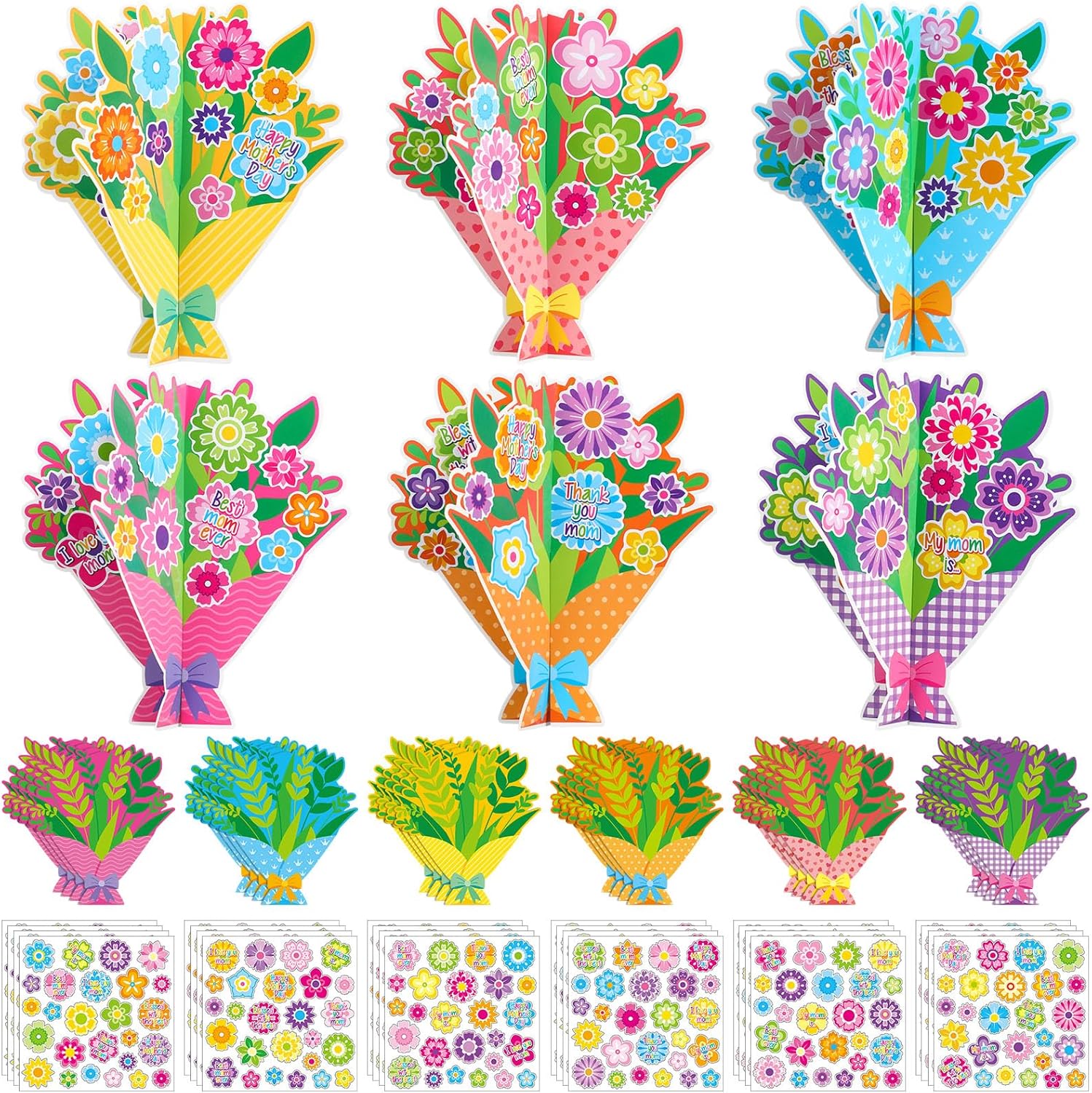 24 Sets Mother\'s Day DIY Craft Kits Make Your Own 3D Flower Bouquet Best Mom Flowers Stickers for Happy Mother\'s Day Birthday Gift Home Classroom Activities Party Supplies Decor (Bouquet)