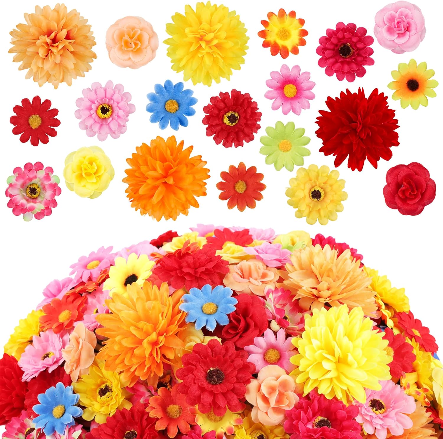 210Pcs Fall Decor Mini Silk Flower Heads Small Fake Mums Rose Faux Flowers Bulk for Crafts Orange Artificial Loose Fabric Flowers Heads Sunflower Bulk for Wedding Hair Cap Autumn Home Decorations