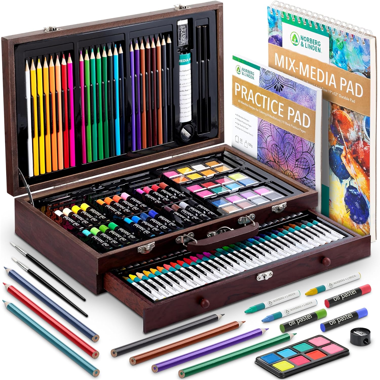 Norberg & Linden 144-Piece Art Set in Wooden Box with Drawer - Art Set for Adults, Teens, Kids - Premium Art Supplies - Includes Watercolors, Oil Pastels, Crayons, & More