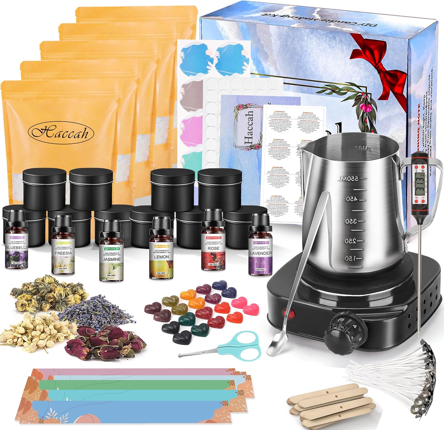 Complete Candle Making Kit with Wax Melter, Making Supplies,DIY Arts&Crafts Gift for Kids,Beginners,Adults,Including 500w Electronic Stove,Wicks,Rich Scents,Dyes,Melting Pot,Candle tins